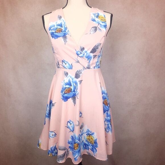 Lulus Lace Up Back Skater Dress Pink Blue Floral Size Small - Picture 3 of 8